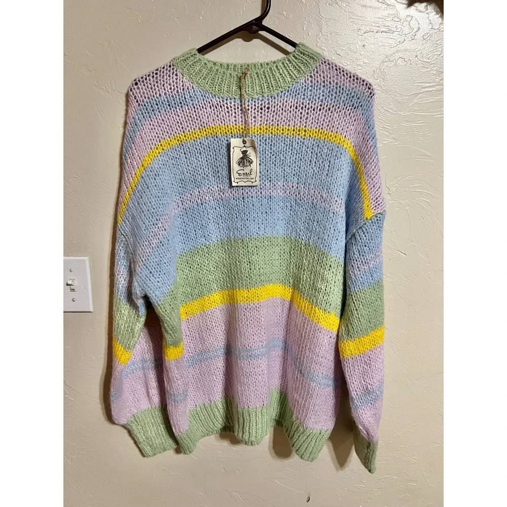 easel Pastel Striped Crewneck Sweater in Pink, Blue, Green & Yellow - Picture 8 of 9